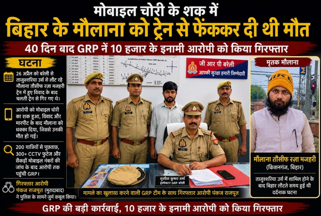 मोबाइल चोरी के शक में बिहार के मौलाना को ट्रेन से फेंककर दी थी मौत, 40 दिन बाद GRP ने 10 हजार के इनामी आरोपी को किया गिरफ्तार